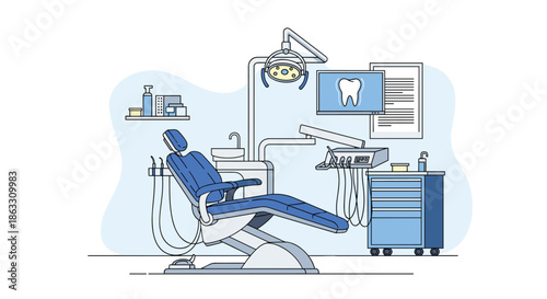 Line art illustration of a modern dental office interior with a blue examination chair equipment and a screen showing a tooth x-ray.