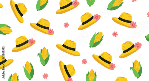 Seamless summer pattern featuring yellow straw hats with pink flowers and fresh corn cobs scattered on a clean white background.