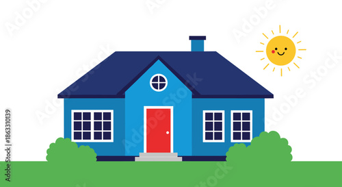 Simple and cheerful cartoon illustration of a blue house with a red door and a cute smiling sun shining in a clear sky.