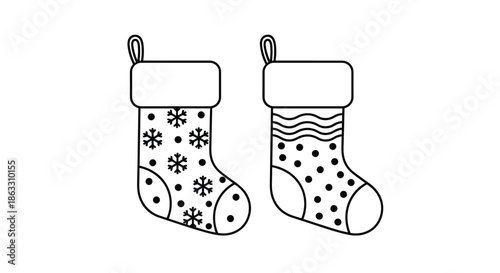 Black and white line art of two Christmas stockings with different patterns of snowflakes and polka dots for holiday coloring pages.