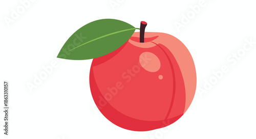 Simple and cute illustration of a ripe pink peach with a single green leaf attached to its stem isolated on a white background.