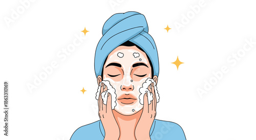 Young woman with a towel on her head performing a daily skincare routine by gently washing her face with a cleansing foam.