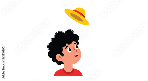 Cartoon boy with curly black hair looks up in surprise as a yellow straw hat is tossed or falls onto his head.
