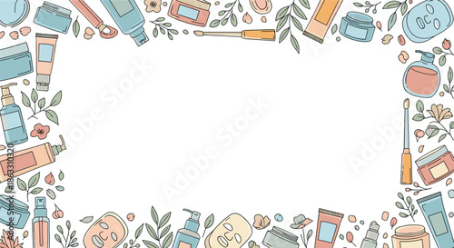 Rectangular frame made of hand-drawn skincare and cosmetic products with floral elements leaving empty copy space in the center.