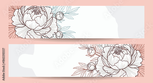 Set of two horizontal banners decorated with elegant hand-drawn peony flowers and leaves in a vintage line art style design.