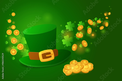 Horizontal greeting card with green background featuring a classic Irish hat Flying four leaf clovers coins. Clean festive composition Copy space for custom text, messages, branding. Wealh concept 