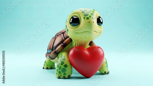 Cute cartoon turtle holding a red heart on blue background  