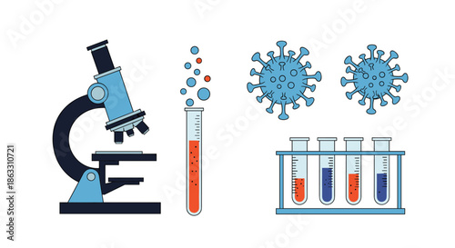 Set of scientific and medical laboratory equipment icons including a microscope test tubes and virus cells for research concepts.