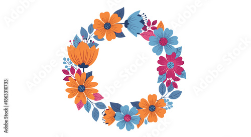 Beautiful floral wreath made of colorful hand-drawn flowers and leaves creating a round frame for invitations and greeting cards.