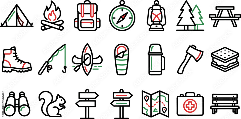 Fototapeta premium Camping Outdoor Line Icons Vector Set – Hiking Travel Tent Backpack Fire Mountain Forest Compass Map Adventure Nature Trail Outline Icon Pack UI Web App