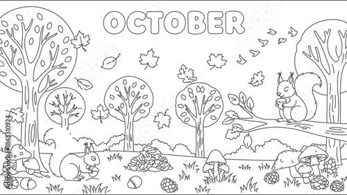 Squirrels playing in an autumn forest scene with falling leaves and trees