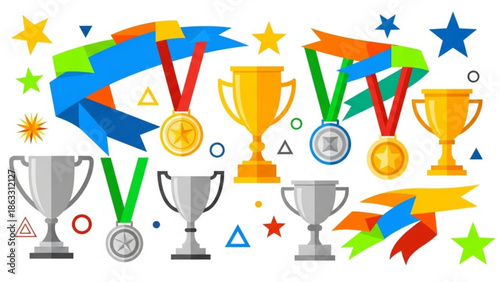 Vibrant achievement symbols with trophies and medals