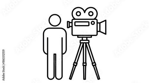 Simple line drawing depicts a filmmaker operating a camera on a tripod with a person