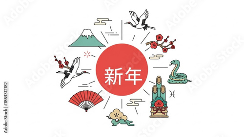 Vibrant Japanese New Year symbols and motifs in circle