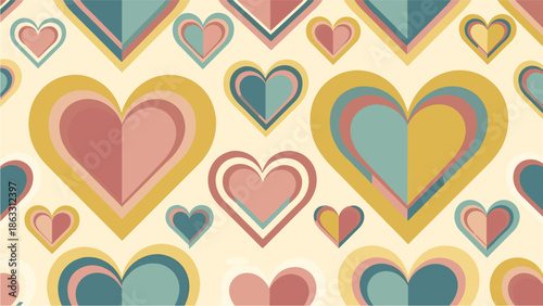 Retro Style Seamless Background with Multi-Layered Geometric Heart Patterns in Vintage Teal and Ochre Tones