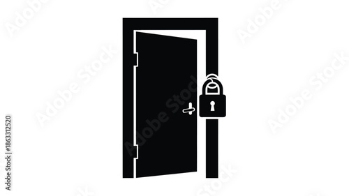 A simple black and white illustration depicts a slightly open door with a padlock and key
