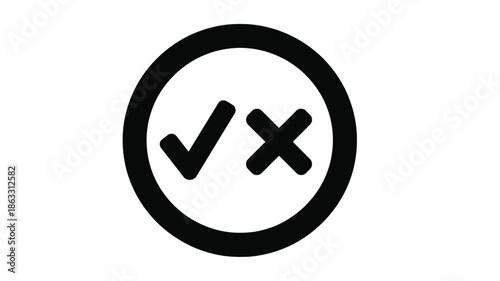 A simple black and white graphic depicts a check mark and an x within a circle
