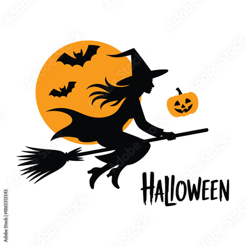 A halloween silhouette of a witch flying with bats and pumpkin
