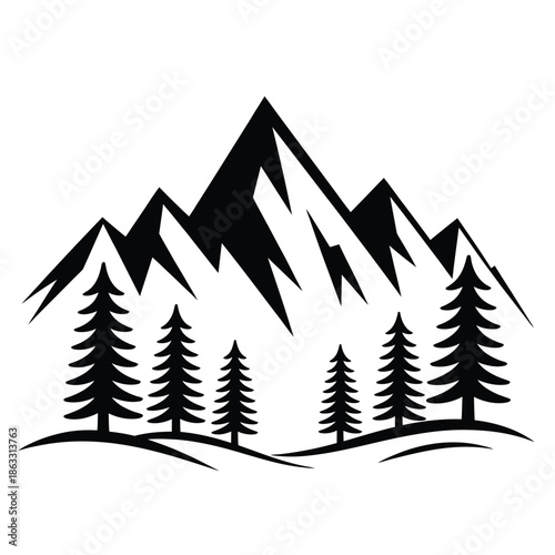 Minimalist mountain and forest landscape with stylized pine trees design