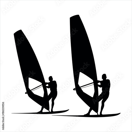 Two windsurfers silhouetted on white background