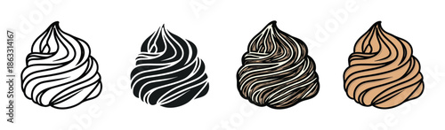 Set of four whipped cream swirl illustrations in different graphic styles, including line art, silhouette, and colorful cartoon versions for dessert concepts