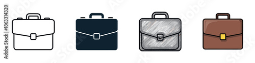 Set of four briefcase icons in different design styles including line art, solid silhouette, hand-drawn sketch, and flat color cartoon for business concepts