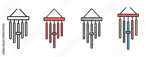 Set of four wind chime icons in a minimalist line art style shows different design variations including outline, colored, and patterned versions for graphic design