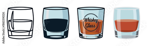 Set of four whiskey glass illustrations in different graphic styles, including a simple line art outline, a solid silhouette, and a full color vector design
