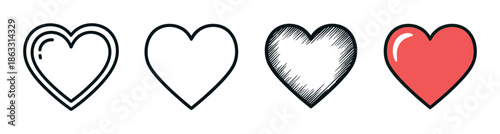 Set of four heart icons showing different artistic styles, including a simple outline, hand-drawn sketch with hatching, and a glossy red cartoon illustration
