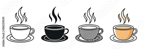 Set of four coffee cup icons with steam in various graphic styles including outline, silhouette, pattern, and color for cafe menus or beverage branding concepts