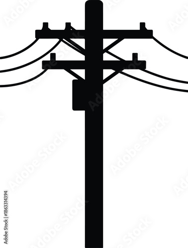 Electric utility power pole silhouette vector illustration with crossarms overhead lines minimal energy infrastructure isolated black design industrial modern simple
