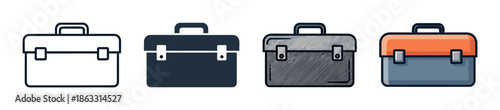 Toolbox icon set in four different styles including line art, solid glyph, hatched texture, and flat color vector illustrations for graphic design