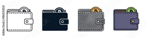 Four cryptocurrency wallet icons with a digital coin are presented in a collection of different artistic styles including line art, silhouette, sketch, and flat color