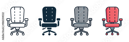 Office chair icon set with four different design styles including line art, solid silhouette, pattern, and color fill for business and furniture graphic elements