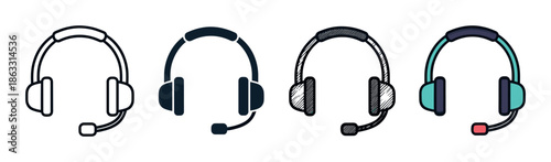 Set of four headset icons with microphones presented in a row, showcasing different design styles including outline, solid silhouette, hand-drawn sketch, and modern color fill