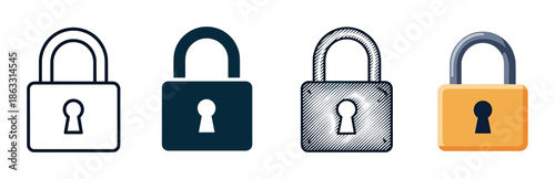 Set of four padlock icons in various design styles including outline, silhouette, sketch, and flat color, representing concepts of security, safety, and privacy