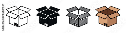 Set of four open cardboard box icons in various graphic styles including outline, silhouette, sketch, and color for shipping, delivery, and logistics concepts