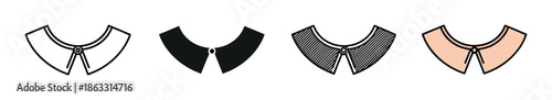 Peter Pan collar icon set collection in four different styles including outline, solid glyph, hatched pattern, and color fill for fashion and apparel design concepts