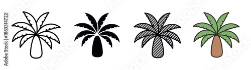 Set of four palm tree icons in various graphic styles including outline, silhouette, hatched, and full color, representing tropical vacation and summer themes