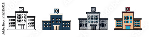 Set of four hospital building icons presented in various artistic styles, including simple outline, flat color, and a hand-drawn hatched sketch for medical and healthcare concepts