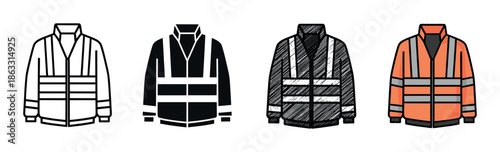 Set of four high-visibility safety jacket icons with reflective stripes shown in different illustration styles including line art, glyph, hand-drawn sketch, and colored cartoon