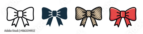 Set of four decorative bow icons showing different artistic styles including outline, silhouette, hand-drawn sketch, and colorful cartoon for graphic design elements