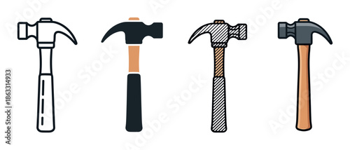 Set of four claw hammer icons showing different illustration styles including line art, flat design, and cartoon for construction or repair concepts