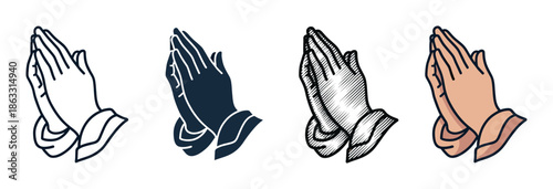 Collection of praying hands vector illustrations in various styles including outline, solid silhouette, vintage engraving, and a simple full color cartoon drawing