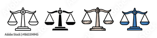 Set of four scales of justice icons presented in various graphic styles including simple outline, solid silhouette, and two distinct color variations for legal concepts