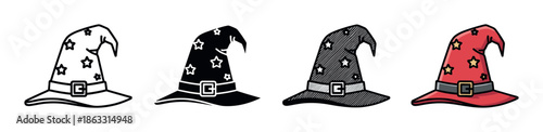 Set of four wizard hats with stars and buckles shown in different illustration styles including outline, silhouette, hatched texture, and full color cartoon drawing
