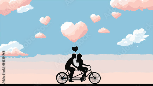 Silhouette of a Romantic Couple Riding a Tandem Bicycle Against a Dreamy Sky with Heart-Shaped Clouds