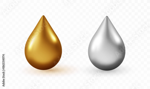 Realistic golden and silver liquid drop isolated on transparent background. Glossy 3D essence blob for cosmetic serum, vitamin oil, honey, or fuel industry design