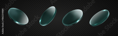 Realistic holographic glass discs with smooth gradient shine. Transparent circular lens plates for futuristic interface, digital design and abstract compositions.