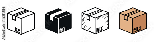 Set of four isometric cardboard box icons in various graphic styles like outline, silhouette, sketch, and color, representing a sealed parcel for shipping and delivery